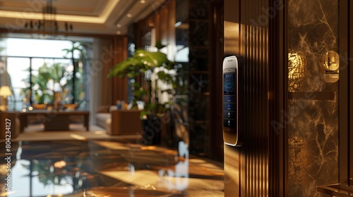 A luxury home entrance with a smart lock system and a touchpad entry photo