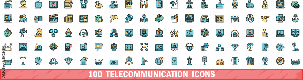 100 telecommunication icons set. Color line set of telecommunication vector icons thin line color flat on white