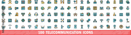 100 telecommunication icons set. Color line set of telecommunication vector icons thin line color flat on white
