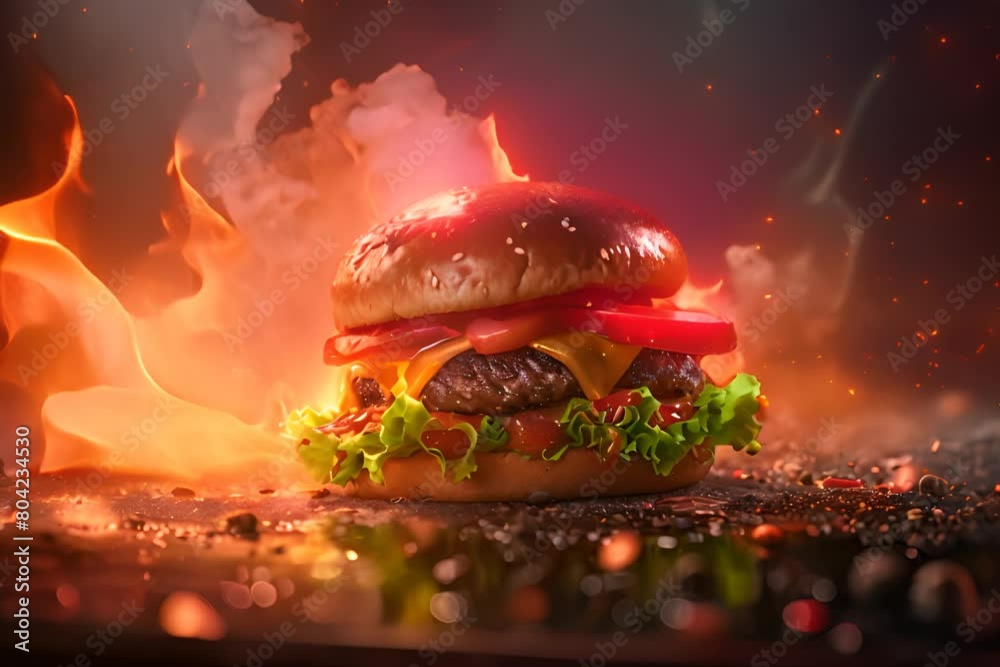 fiery hamburger on a dark background. Burger with paired buns, cutlets, lettuce, tomatoes, smoke, bokeh with spices, spicy, flame movement on video