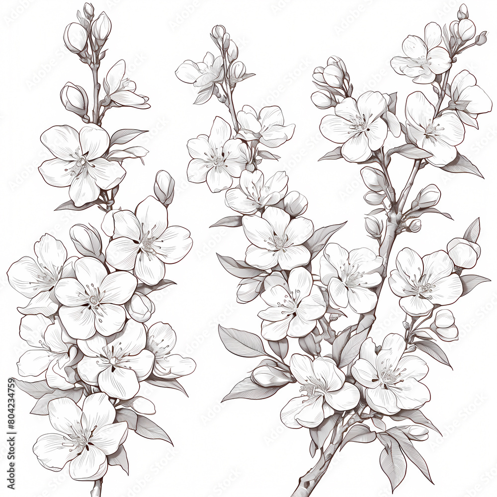 Vibrant and Detailed Line Drawing of Almond Tree Blossoms - Ideal for Floral Illustrations or Decorative Design Projects