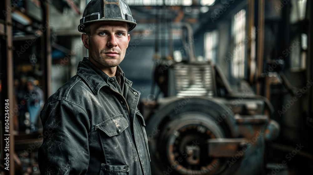 Close-up portrait of a male mechanic. A man with brutal, expressive facial features. Hard work in a fabric Close-up portrait of a male mechanic. A man with brutal, expressive facial features. Hard work in a fabric