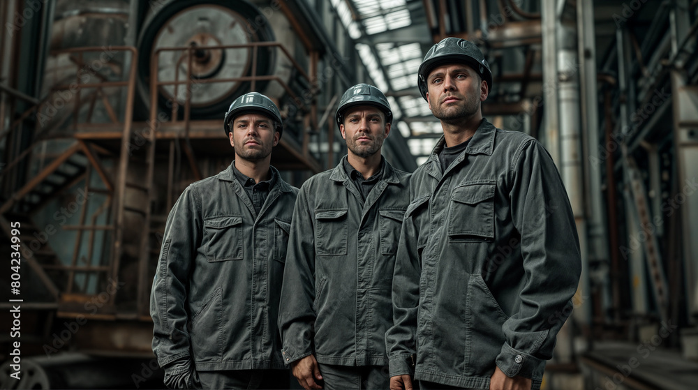 Group portrait of a male workers with helmets. A man with brutal, expressive facial features. Hard work in a factory