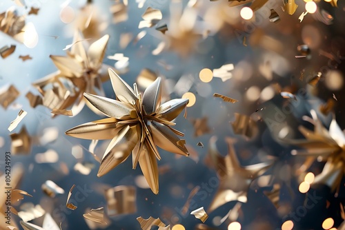 Metallic confetti pirouettes around a singular gilded star. photo