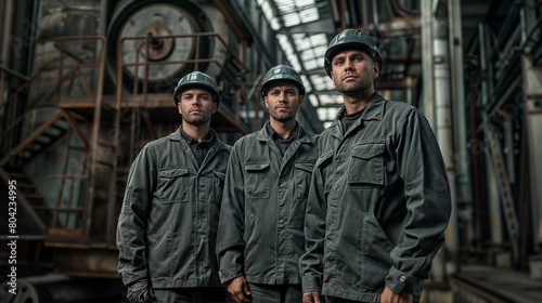 Group portrait of a male workers with helmets. A man with brutal, expressive facial features. Hard work in a factory