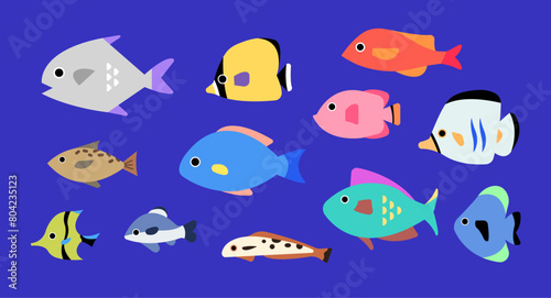 Set of colorful fish in various shape.  flat style vector illustration.  