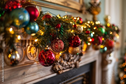 A fireplace decorated with twinkling lights, garlands, and colorful baubles creating a warm and festive atmosphere