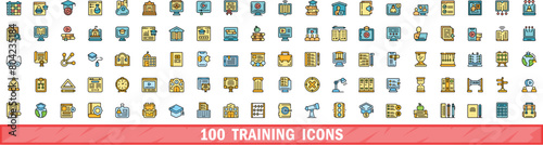 100 training icons set. Color line set of training vector icons thin line color flat on white photo