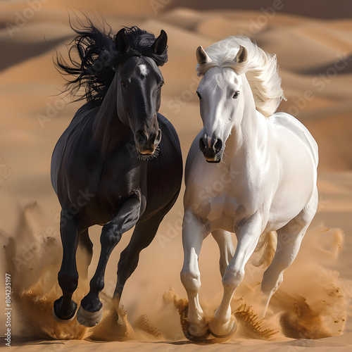 white horse runs gallop in the desert