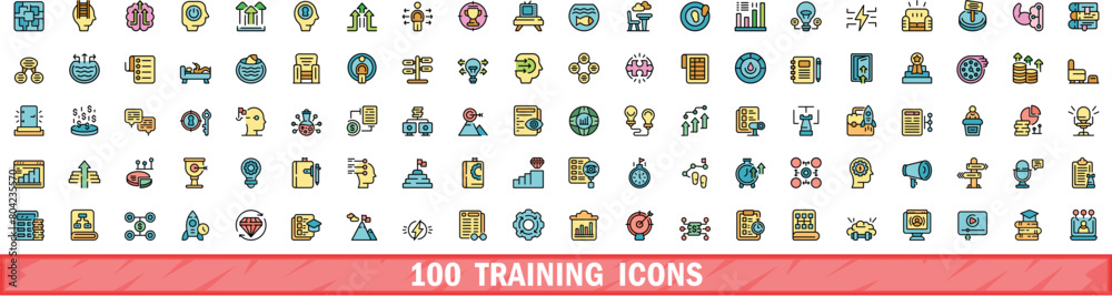 100 training icons set. Color line set of training vector icons thin line color flat on white 100 training icons set. Color line set of training vector icons thin line color flat on white