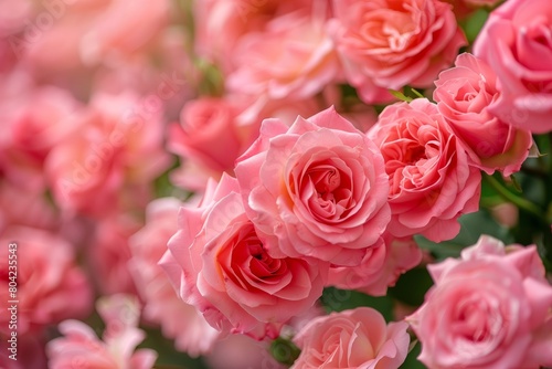 A closeup of vibrant pink roses in full bloom, arranged in a cascading banner style with soft Jaxs photo