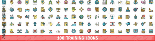 100 training icons set. Color line set of training vector icons thin line color flat on white photo