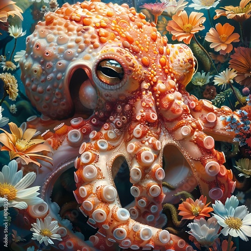 AI generated illustration of an octopus gracefully gliding amidst underwater flora