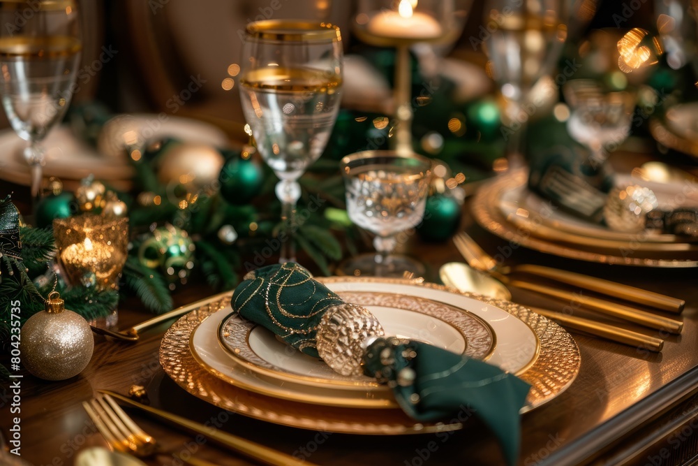 A Christmas dinner table is set with green and gold tableware, candles, and festive decorations