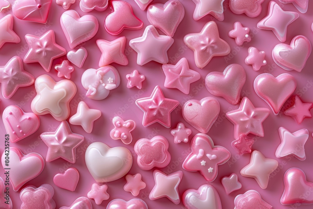 Close up view of a seamless pattern featuring pink and white hearts and stars arranged in a whimsical and playful design
