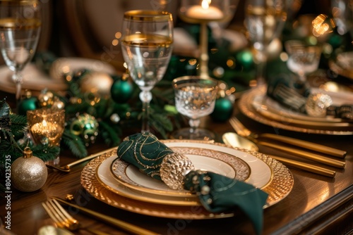 A Christmas dinner table is set with green and gold tableware  candles  and festive decorations