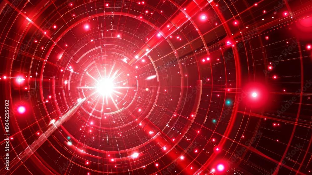In a high speed warp of red light, radial bursts of white light form a circular perspective tunnel in space. Illustration of a realistic modern space travel pattern with neon glowing effect. In a high speed warp of red light, radial bursts of white light form a circular perspective tunnel in space. Illustration of a realistic modern space travel pattern with neon glowing effect.