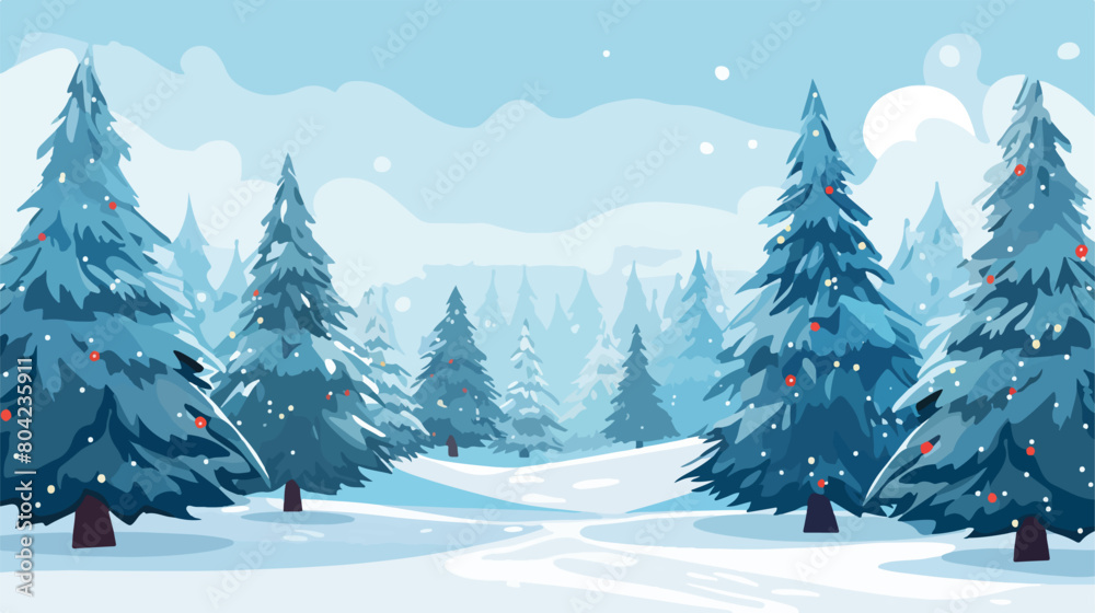 Christmas trees with snow in forest. Banner for des