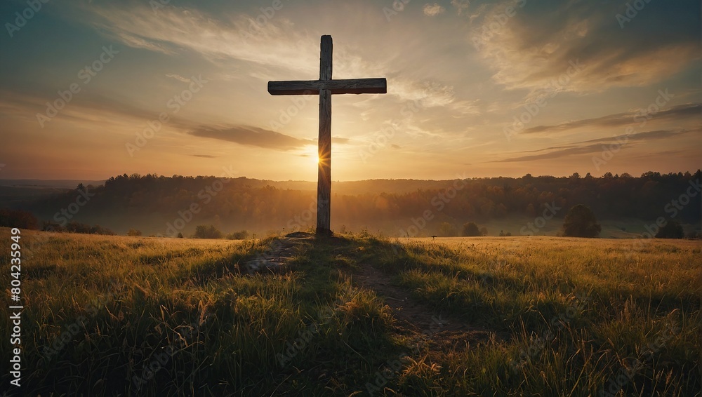 The cross on meadow autumn sunrise background