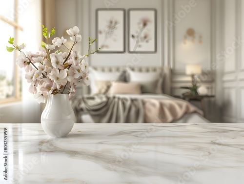 Serene Marble Tabletop and Soft Bedroom Backdrop for Elegant Product Showcase