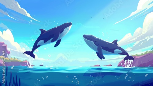 A cartoon landscape with jumping whales on a sunny day. Illustration with whale tails and splashes on water. Observing and exploring large cetaceans in the wild.