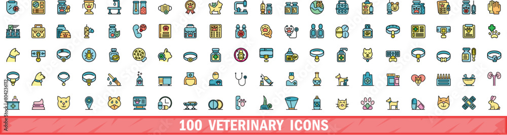 100 veterinary icons set. Color line set of veterinary vector icons thin line color flat on white