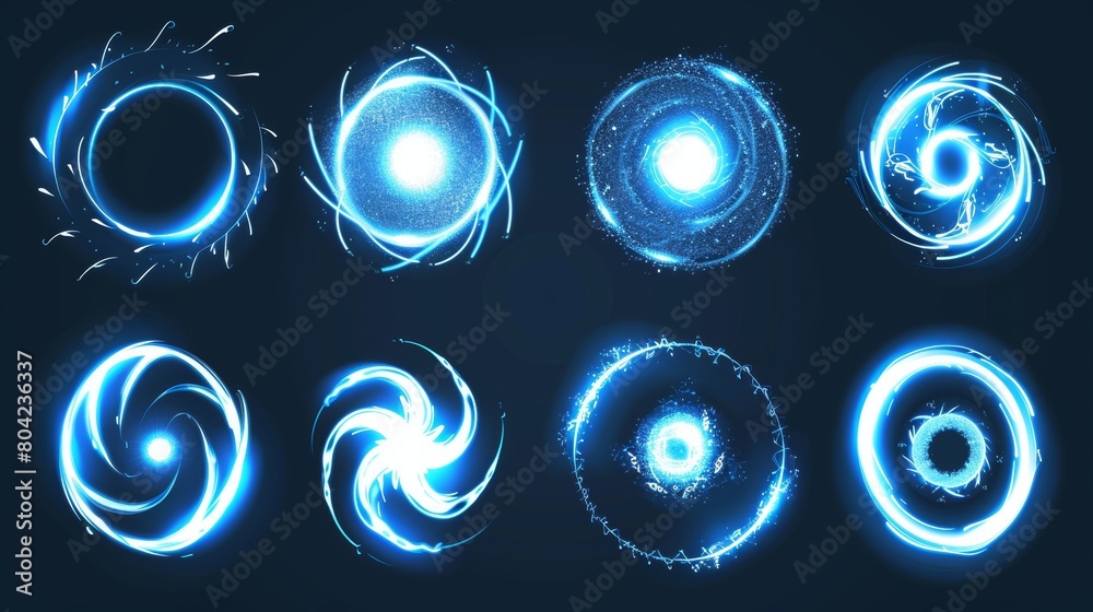 Realistic modern illustration set of magic glowing swirl circle lines with flying particles. White light waved and circular neon elements with swoosh effect and round snowflakes. Realistic modern illustration set of magic glowing swirl circle lines with flying particles. White light waved and circular neon elements with swoosh effect and round snowflakes.