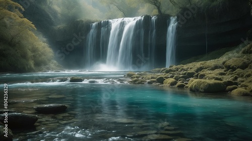 AI generated illustration of a waterfall cascading into a serene pool  surrounded by lush foliage