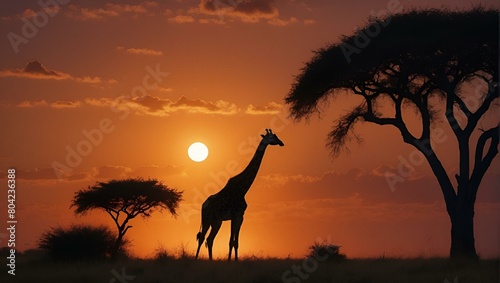 AI generated illustration of a giraffe silhouetted against a golden sunset  framed by trees