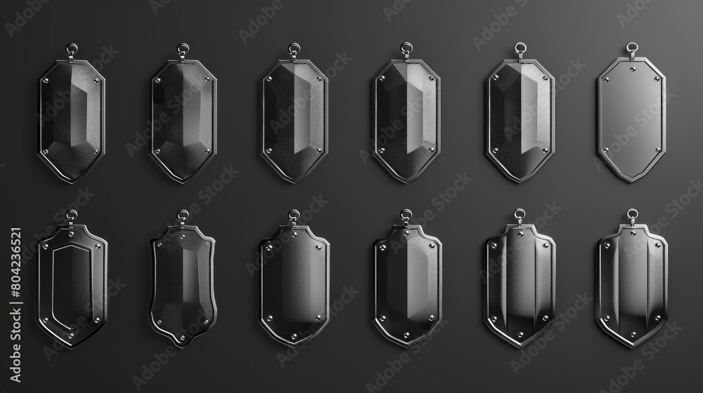 Metal tags isolated on black background showing a blank metal surface ...