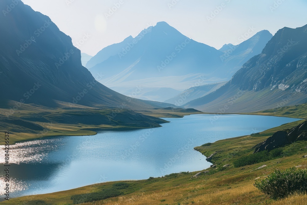 A large body of water surrounded by impressive mountains, showcasing the natural beauty of the landscape