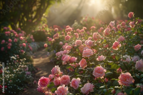A field filled with blooming pink roses under the sunlight streaming through the trees in a garden © Ilia Nesolenyi