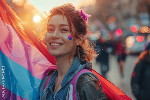 Portrait of a person with the bisexual pride flag, parade crowd softly blurred in the background. AI generated.