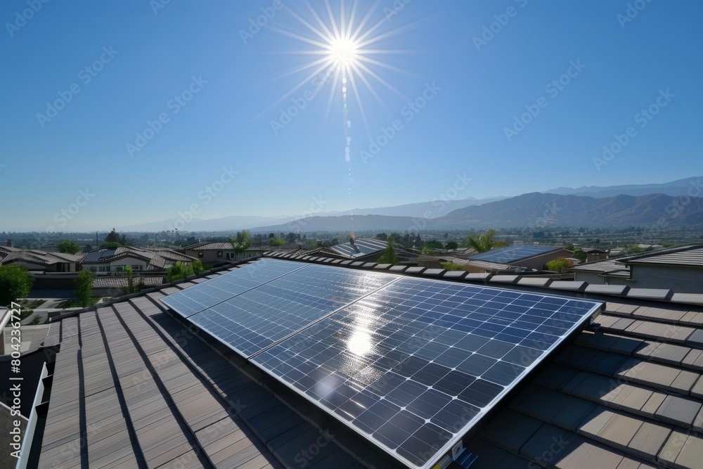 A solar panel array installed on a house rooftop under bright sunlight
