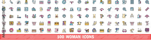 100 woman icons set. Color line set of woman vector icons thin line color flat on white