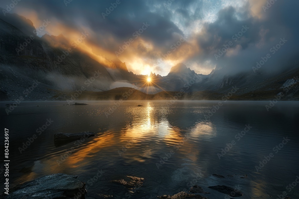A wide-angle view of a misty lake nestled among towering mountains under a cloudy sky with the sun peeking through