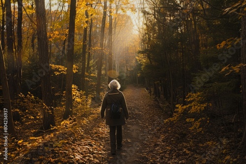A senior woman is walking down a winding forest path, surrounded by trees and bathed in soft sunlight © Ilia Nesolenyi