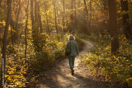 A senior woman walking along a winding forest trail bathed in soft sunlight filtering through the trees