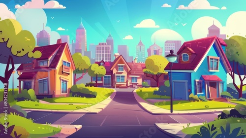 Cartoon modern town landscape with neighborhood cottages in the countryside on a street with yards and trees, road and driveway against a silhouette of city skyscrapers. © Mark