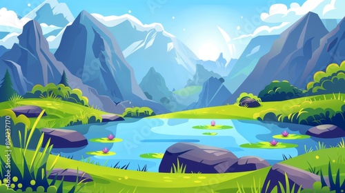 This is a modern image of a summer landscape with a lake at the foot of the mountains on a sunny day. This is a cartoon image of a blue pond with grass and bushes along the shore, water lilies, and a photo
