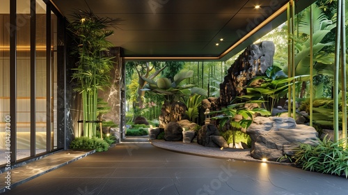 A luxury home entrance with a zen-inspired rock garden and a bamboo-lined path