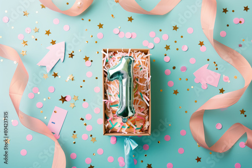 Festive number one balloon nestled in a gift box with colorful confetti for a celebration. photo