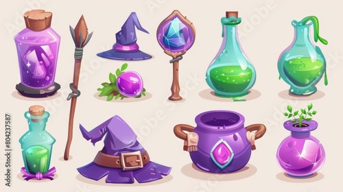 Game cartoon icons with magic staff of cauldron, mystery green potion, purple hat, wooden broom, fantasy fortune ball and amulet, glass bulb with pink poison.