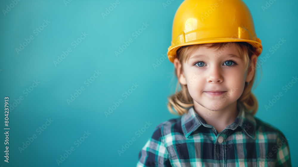 Young Child in Construction Helmet. Portrait of a young child wearing a yellow construction helmet and plaid shirt, with a bright smile and blue backdrop. AI generative. Young Child in Construction Helmet. Portrait of a young child wearing a yellow construction helmet and plaid shirt, with a bright smile and blue backdrop. AI generative.