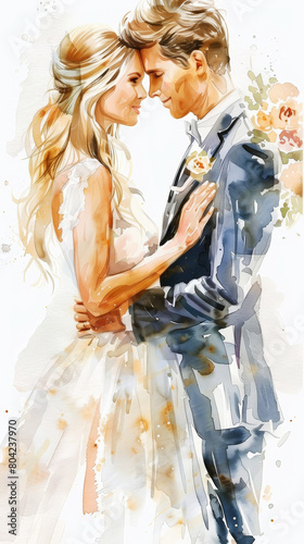 Aesthetic wedding invitation with bride and groom, watercolor light background. Hand Painted. Generative AI