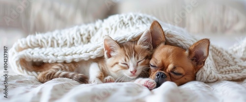 Chihuahua puppy lying with sleepy kitten under white warm blanket on a bed at home