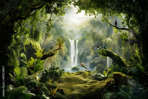 lush green tropical forest with trees and creepers in a jungle nature portrait waterfall