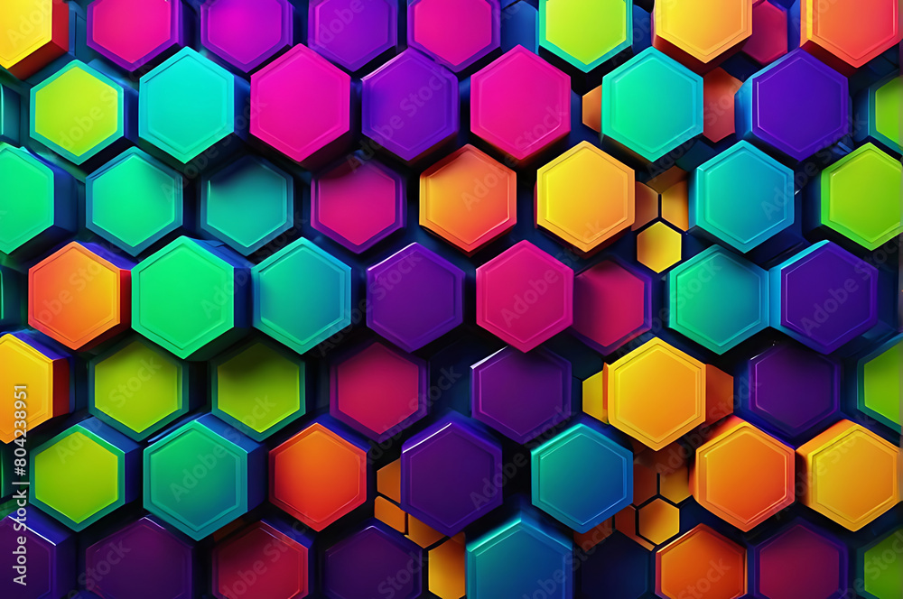 Digital hexagon with colorful abstract background. Hexagonal 3D Semigloss Mosaic colorful Tiles are arranged in the shape of a wall Digital hexagon with colorful abstract background. Hexagonal 3D Semigloss Mosaic colorful Tiles are arranged in the shape of a wall