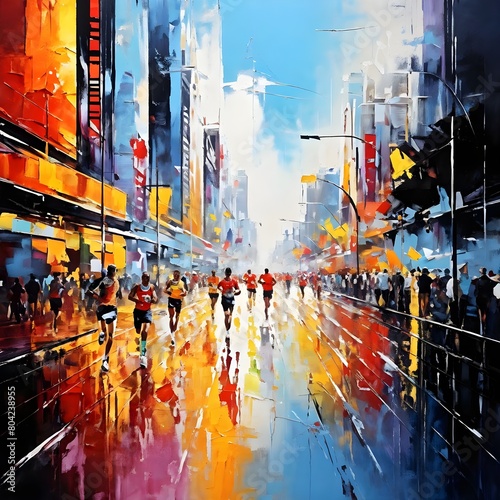 A colorful painting of marathon in the urban city