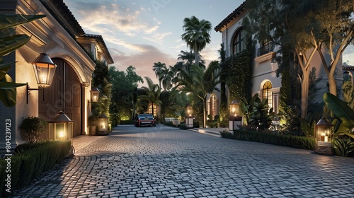 A luxury villa entrance with a cobblestone driveway and vintage gas lanterns